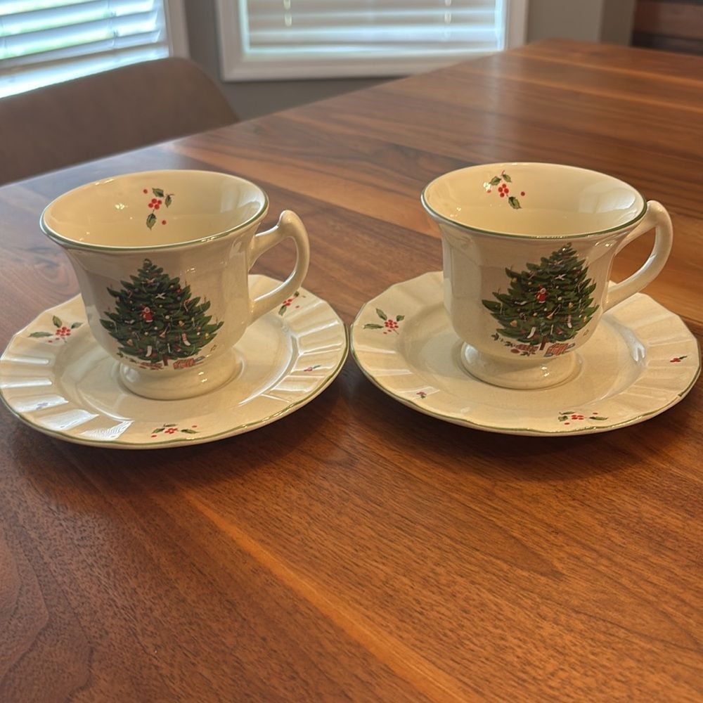 Studio Nova Holiday Season NY102 Christmas Tree Teacup Saucer Set of 2